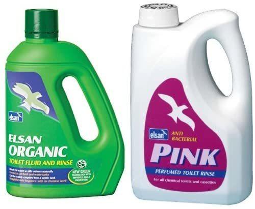 elsan organic toilet fluid and toilet rinse bundle isolated on white background