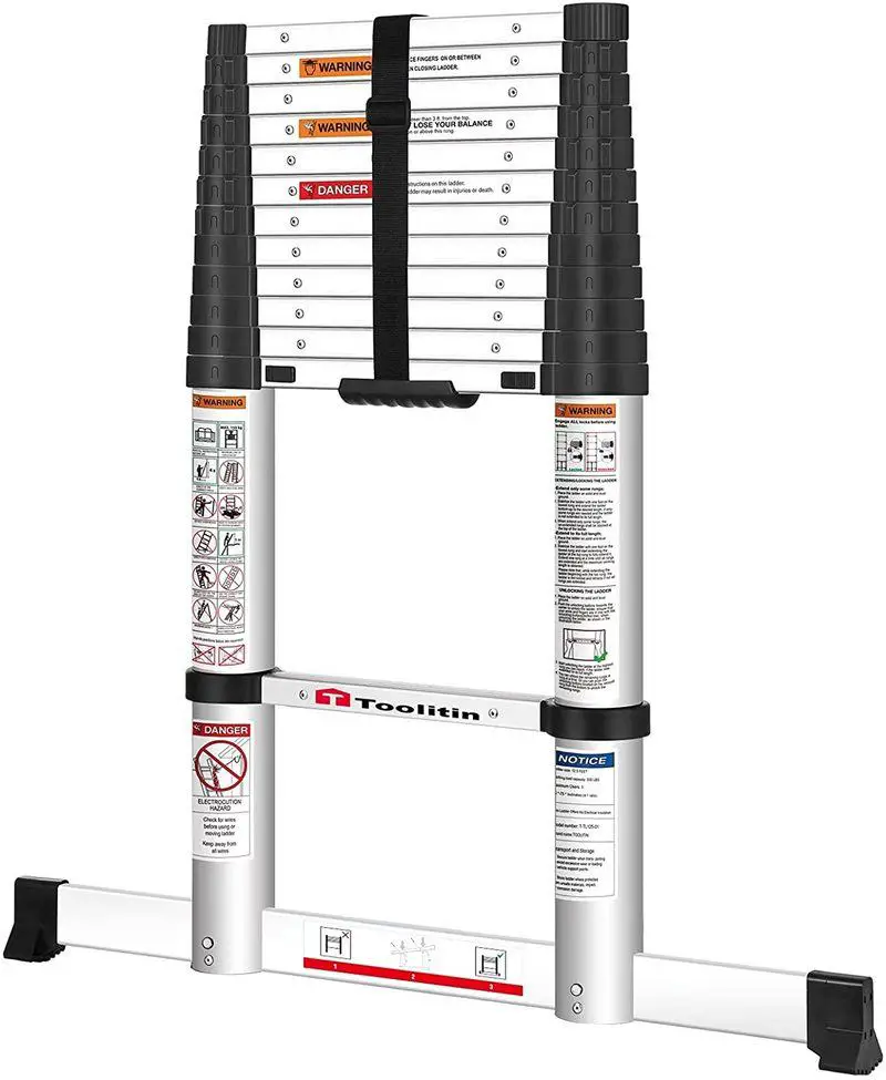 toolitin 3.8m telescopic ladder with stabilizer bar isolated on white background